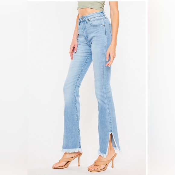 KanCan Flare Curvy High Rise Slit Frayed Hem Jean - Picture 2 of 6